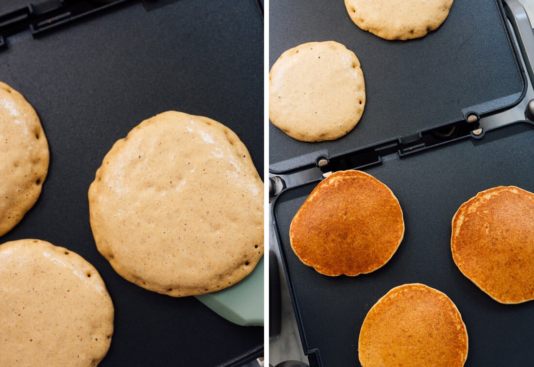 oatmeal pancakes on griddle, before and after flipping