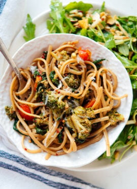 Spinach pasta recipe, featuring lots of roasted vegetables tossed in a light balsamic sauce